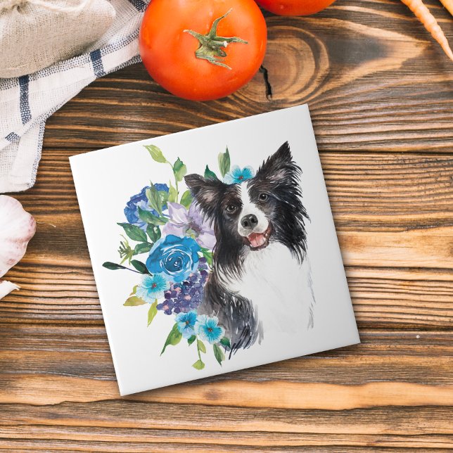 Blue Floral Bouquet Border Collie Fliese (Von Creator hochgeladen)