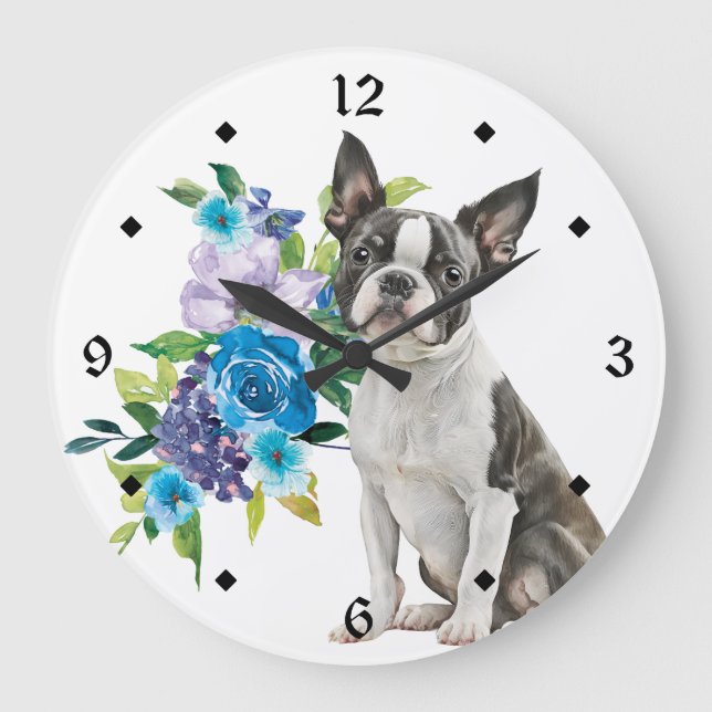 Blue Floral Bouquet Boston Terrier Dog Große Wanduhr (Vorderseite)