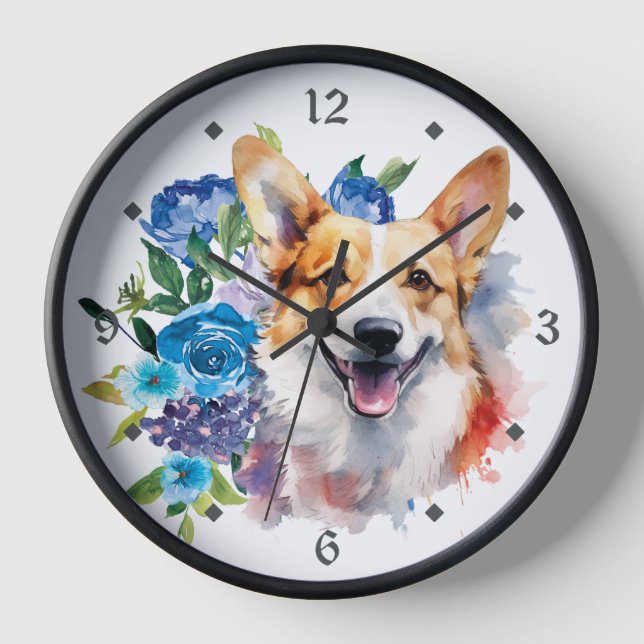Blue Floral Bouquet Corgi Dog Uhr (Vorderseite)