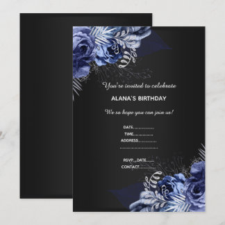 BLUE FLORAL BOUQUET ELEGANT JEDEN ANLASS SCHWARZ EINLADUNG