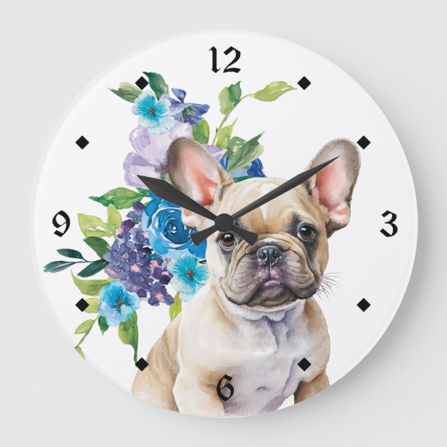 Blue Floral Bouquet French Bulldog Große Wanduhr (Vorderseite)