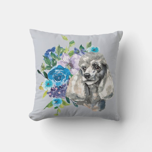 Blue Floral Bouquet Gray Poodle Dog Kissen (Vorderseite)