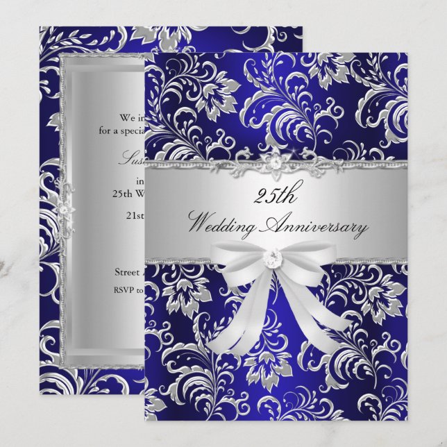 Blue Floral & Bow 25. Hochzeitstag Einladung (Vorne/Hinten)