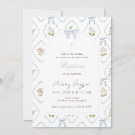 Blue Floral Bow Elegant Christian Girl Baptism Einladung