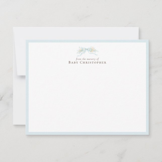Blue Floral Bow Nursery Note Card – Personalized Mitteilungskarte (Vorderseite)