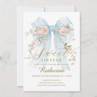 Blue Floral Bow Sweet Sixteen Invitation