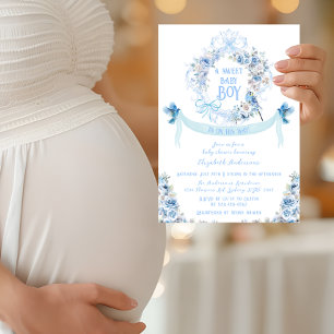 Blue Floral Bow Wappen Sweet Baby Boy Baby Dusche Einladung