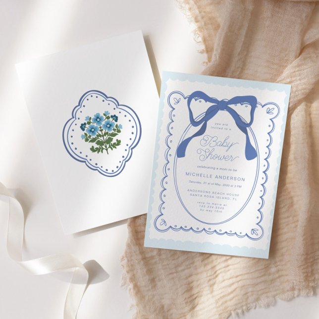 Blue Floral Bows Vintag Baby Dusche Einladung (Von Creator hochgeladen)