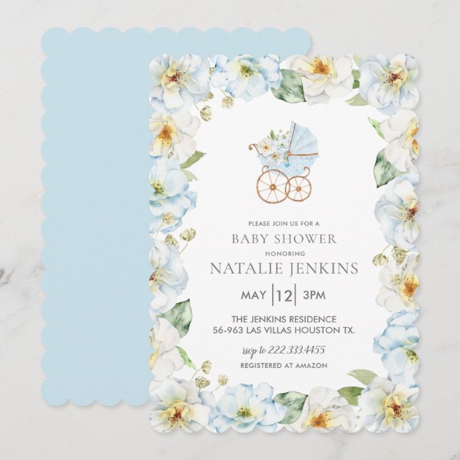 Blue Floral Boy Baby Dusche Einladung (Vorne/Hinten)