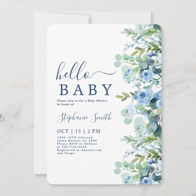 Blue Floral Boy Baby Dusche Einladung (Vorderseite)