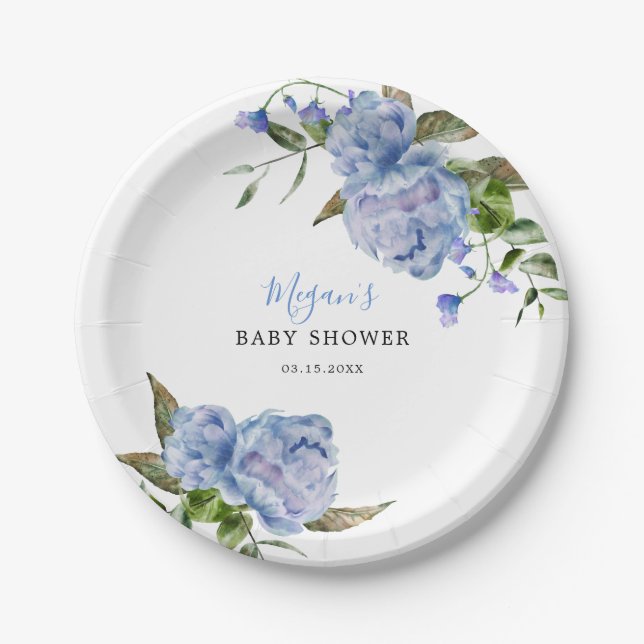 Blue Floral Boy Baby Dusche Pappteller (Vorderseite)