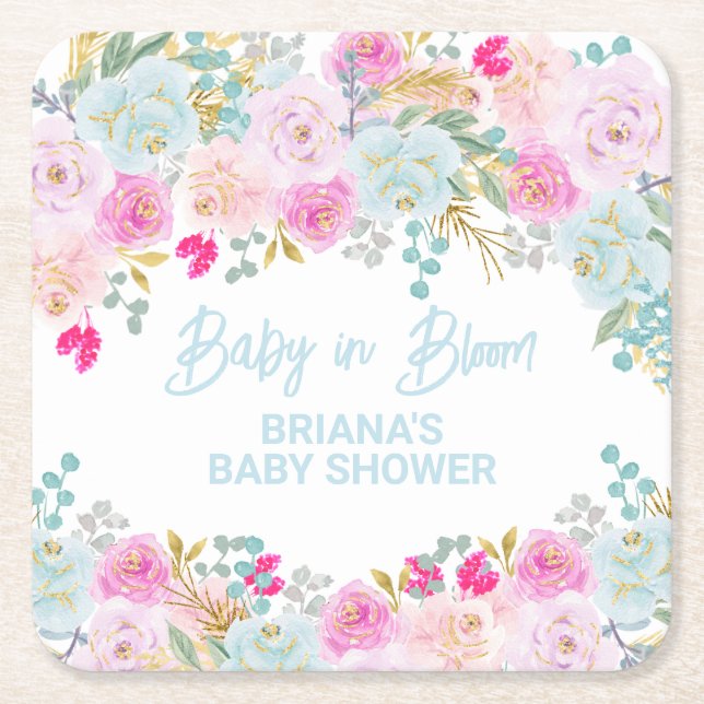 Blue Floral Boy Baby Dusche Rechteckiger Pappuntersetzer (Vorderseite)