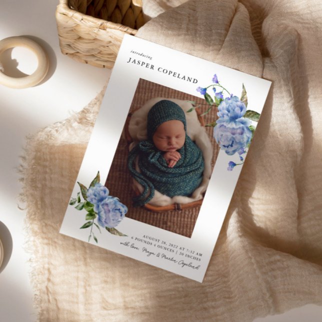 Blue Floral Boy Baby Foto Geburtsankündigung Ankündigung (Von Creator hochgeladen)