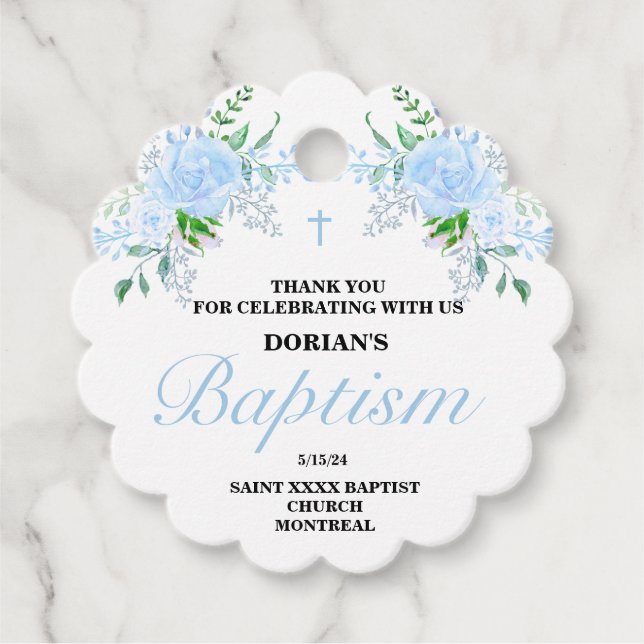 Blue Floral Boy Baptism Favoriser les étiquettes (Devant)