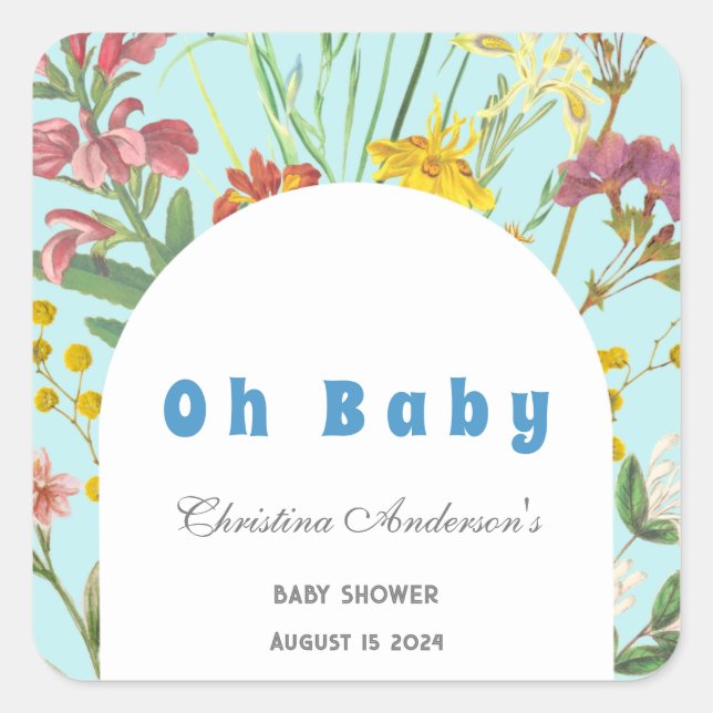 Blue Floral Boy Elegant Square Baby Dusche Quadratischer Aufkleber (Vorderseite)