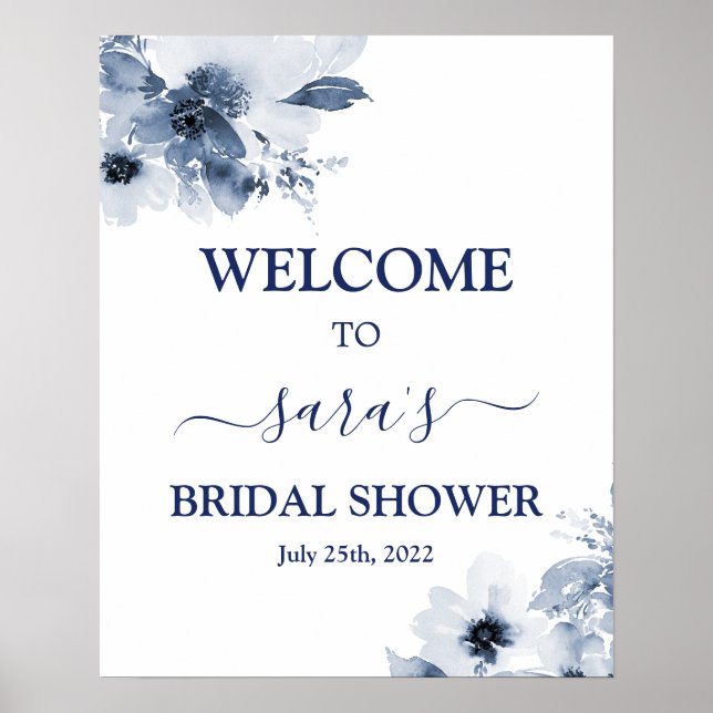 Blue Floral Brautparty Begrüßungszeichen Poster (Vorne)
