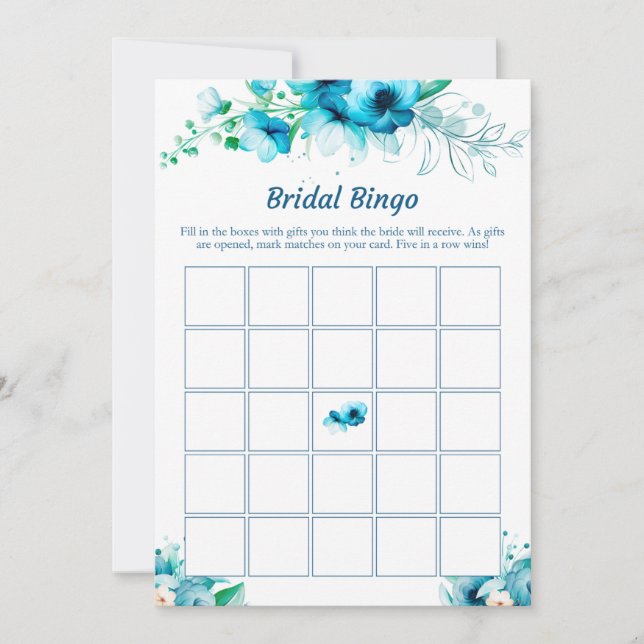 Blue Floral Brautparty Bingo Game Cards Einladung (Vorderseite)