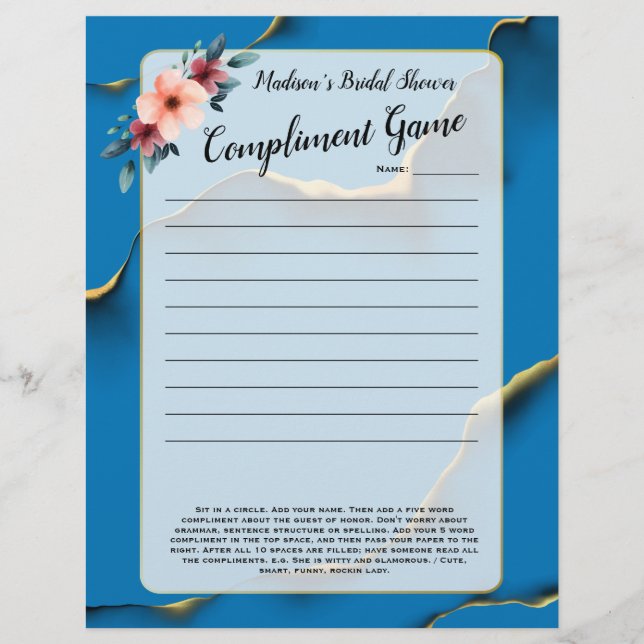 Blue Floral Brautparty Eisbrecher 💕 5 Word Spaß (Vorderseite)