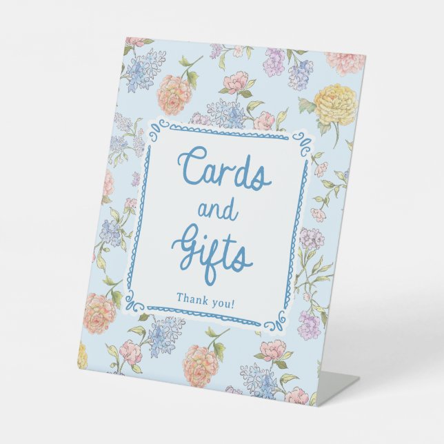 Blue Floral Brautparty Karten und Geschenke Sockelschild (Vorderseite)