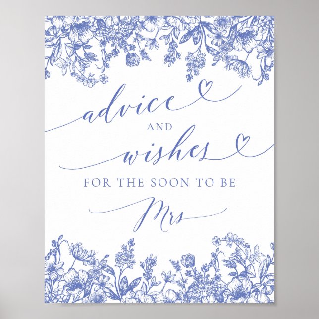 Blue Floral Brautparty Ratschläge und Wünsche Unte Poster (Vorne)