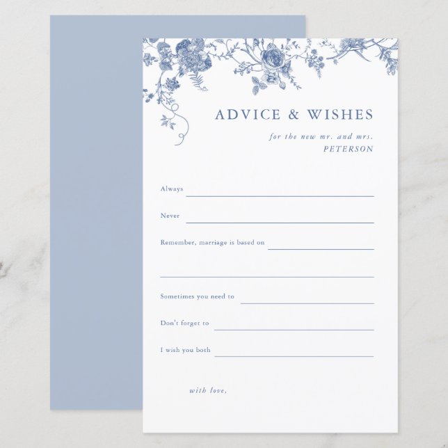 Blue Floral Brautparty Ratschläge & Wünsche Karte (Vorne/Hinten)