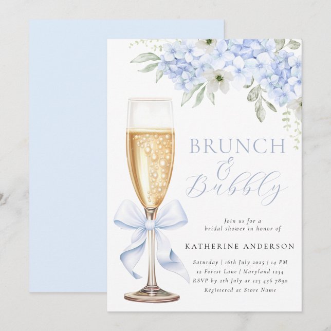 Blue Floral Bridal Brunch Shower Invitation Einladung (Vorne/Hinten)