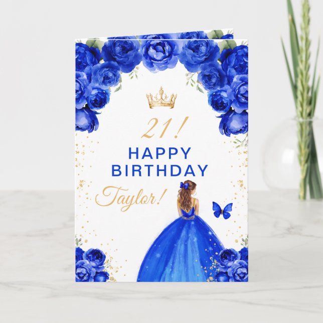 Blue Floral Brown Hair Girl Happy Birthday Karte (Vorderseite)