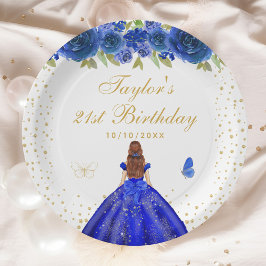 Blue Floral Brown Hair Princess Birthday Party Pappteller