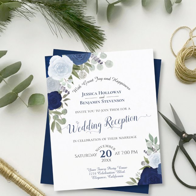 Blue Floral Budget Hochzeitsempfang Einladung (Von Creator hochgeladen)