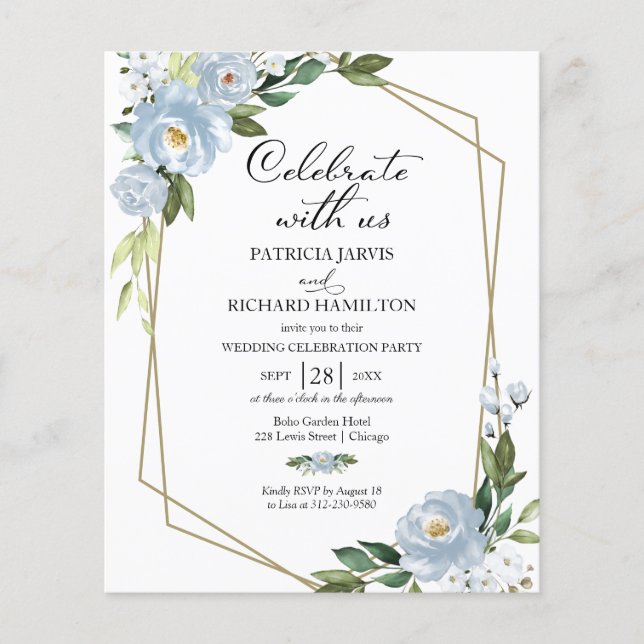 Blue Floral Budget Hochzeitsfeier Einladung (Vorderseite)