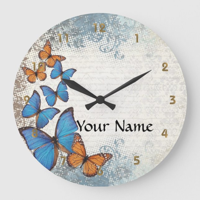 Blue floral butterflies große wanduhr (Vorderseite)