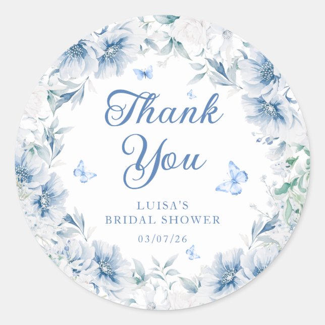 Blue Floral Butterfly Bridal Shower Thank You Runder Aufkleber (Vorderseite)