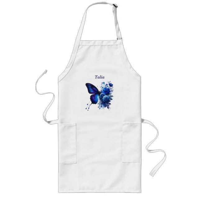 Blue Floral Butterfly Personalisiert Lange Schürze (Vorne)