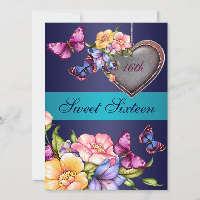 Blue Floral Butterfly Sweet16 Birthday Einladung (Vorderseite)