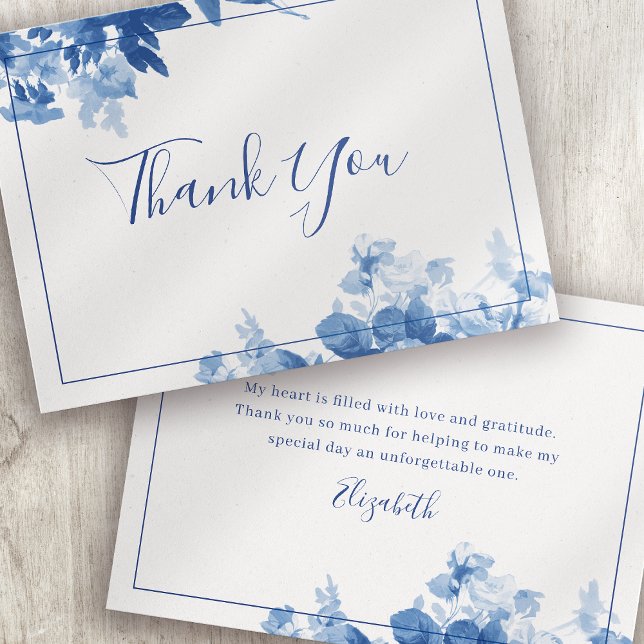 Blue Floral Calligraphy Brautparty Vielen Dank Mitteilungskarte (Von Creator hochgeladen)