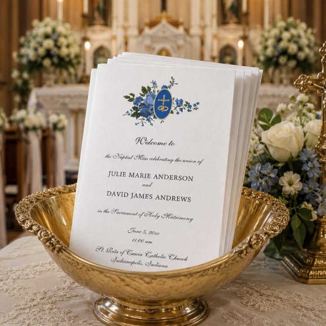 Blue Floral Catholic Latin Mass Wedding Program (Von Creator hochgeladen)