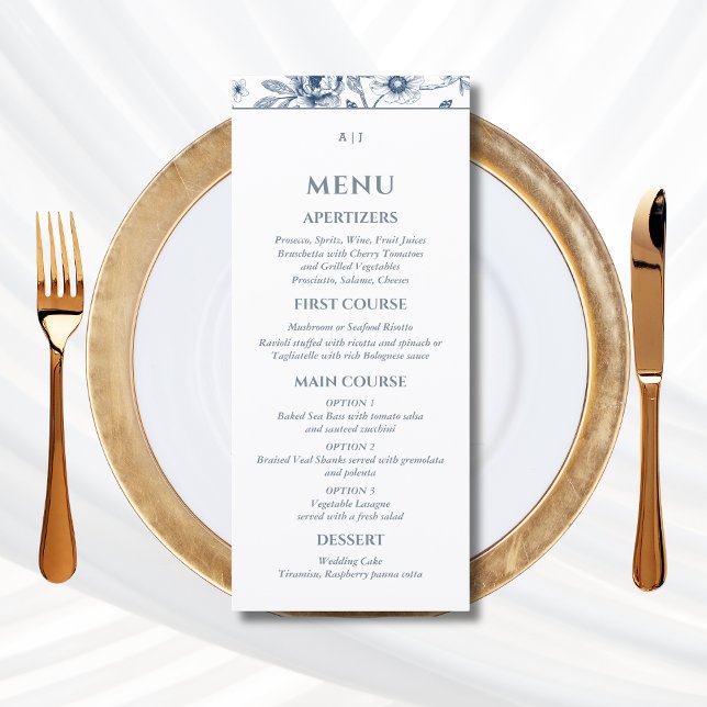 Blue Floral Chinoiserie Christian Wedding Menu Menükarte (Von Creator hochgeladen)