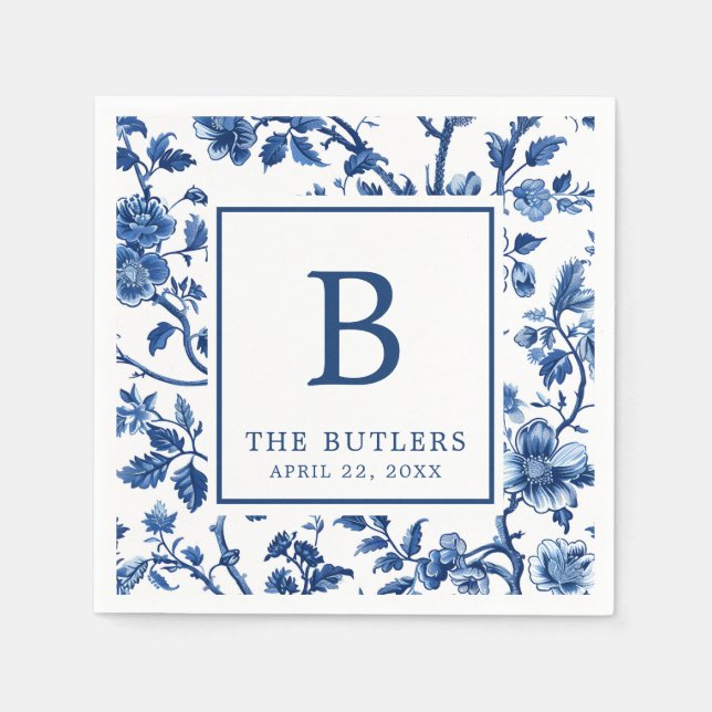 Blue Floral Chinoiserie Hochzeitscocktail Napkins Serviette (Vorderseite)