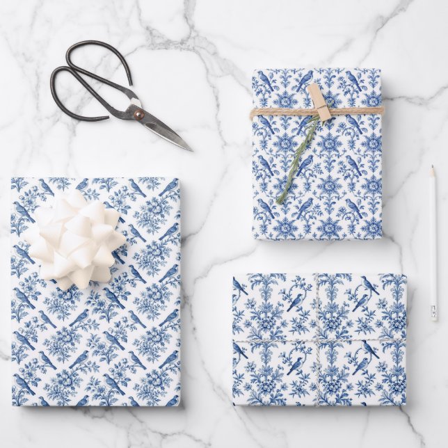 Blue Floral Chinoiserie Sheet Gift Wrap Set of 3 Geschenkpapier Set (Vorderseite)