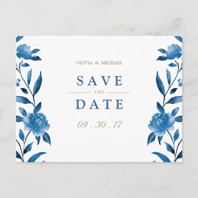 Blue floral Chinoiserie Wedding speichern das Datu Ankündigungspostkarte (Vorderseite)