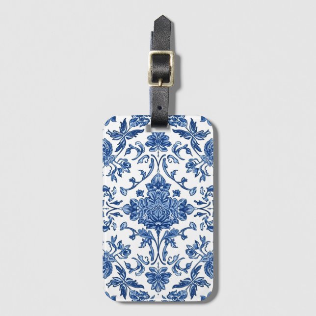 Blue Floral Chinoiserie White Watercolor Gepäckanhänger (Vorderseite Vertikal)