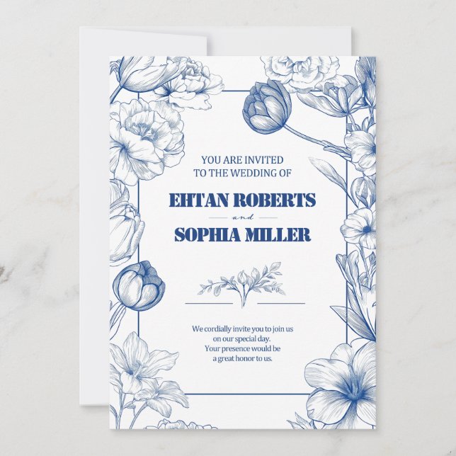 Blue Floral Classic Hochzeitseinladung Einladung (Vorderseite)