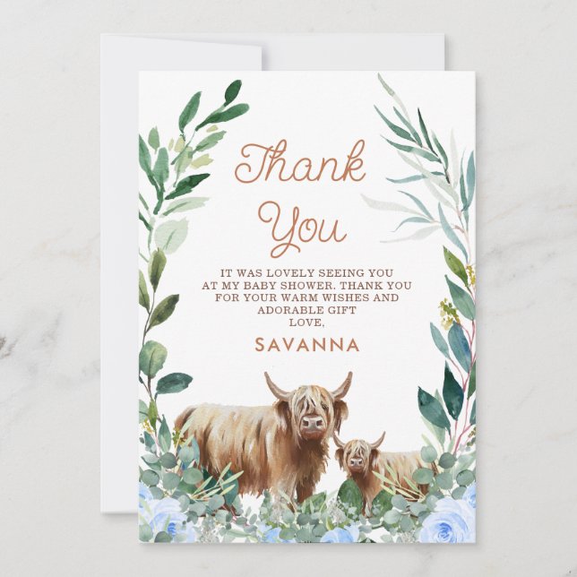 Blue Floral Cow Calf Baby Dusche Danke Karte (Vorderseite)