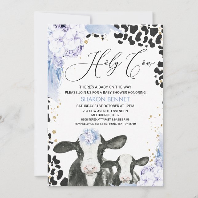 Blue Floral Cow Calf Boho Floral Baby Dusche Einladung (Vorderseite)