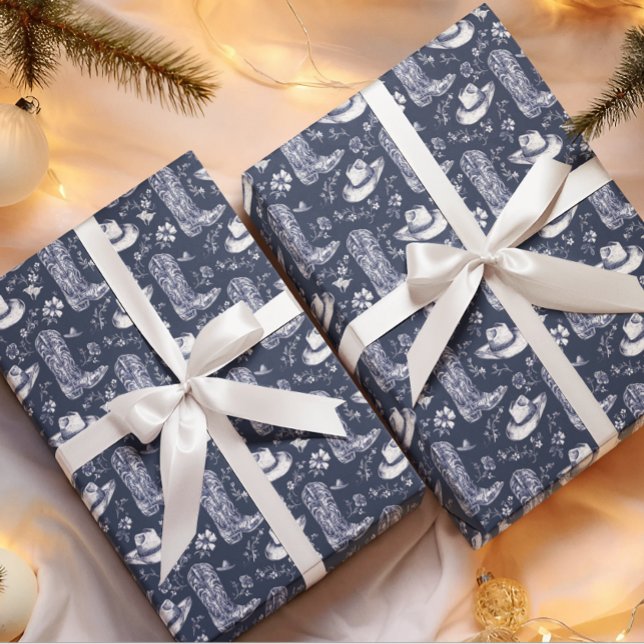 Blue Floral Cowgirl Western Weihnachten Geschenkpapier (Von Creator hochgeladen)