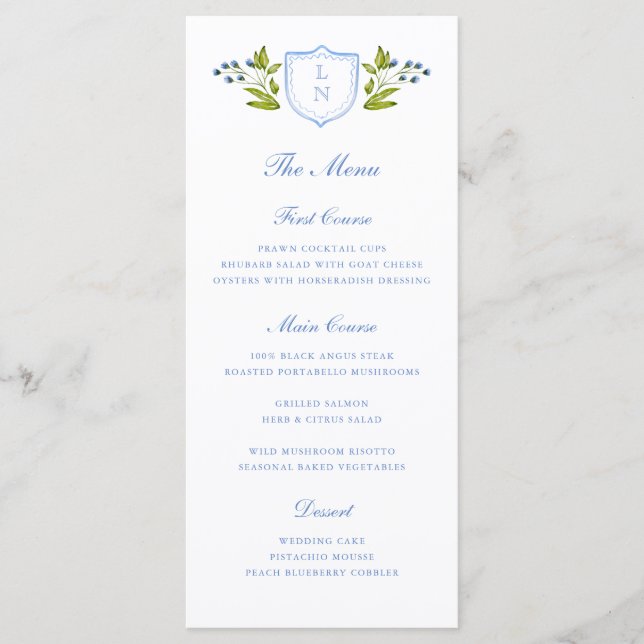 Blue Floral Crest Wedding Menükarte (Vorderseite)