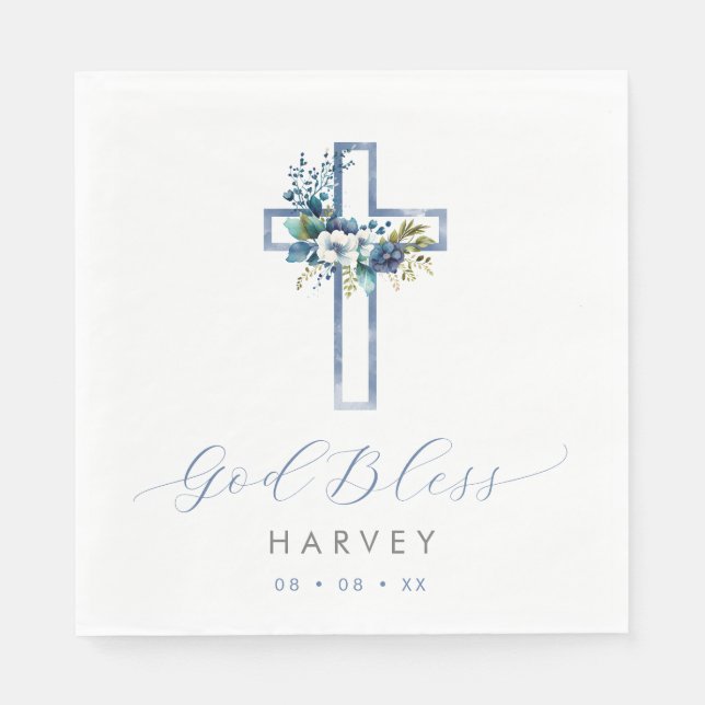 Blue Floral Cross Baby Gott segne Taufe Serviette (Vorderseite)