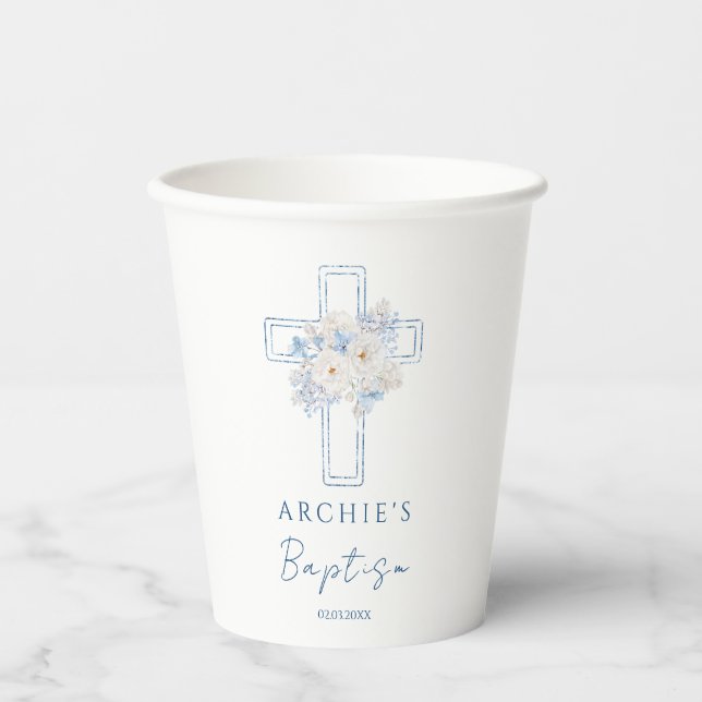 Blue Floral Cross Baptism Pappbecher (Vorderseite)