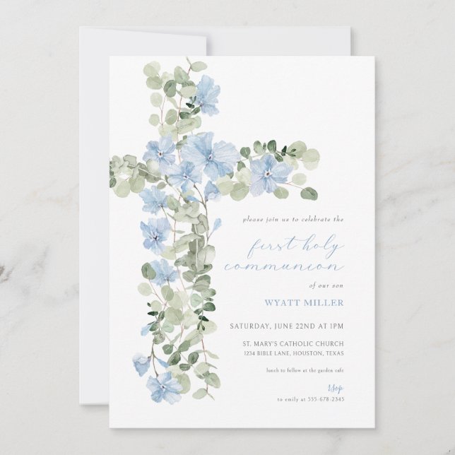 Blue Floral Cross Boy Erste Heilige Kommune Einlad Einladung (Vorderseite)