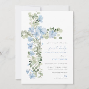 Blue Floral Cross Boy Erste Heilige Kommune Einlad Einladung